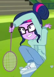 Size: 496x696 | Tagged: safe, screencap, character:twilight sparkle, character:twilight sparkle (scitwi), species:eqg human, episode:stressed in show, g4, my little pony:equestria girls, badminton, clothing, cropped, female, glasses, hair bun, hoodie, shuttlecock, smiling, solo, stressed in show: rainbow dash, tennis racket