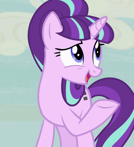 Size: 531x583 | Tagged: safe, screencap, character:starlight glimmer, species:pony, species:unicorn, episode:rock solid friendship, g4, my little pony: friendship is magic, animated, cropped, equal cutie mark, solo, talking