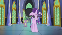Size: 1280x720 | Tagged: safe, screencap, character:spike, character:starlight glimmer, episode:the crystalling, g4, my little pony: friendship is magic, floppy ears, hallway, twilight's castle