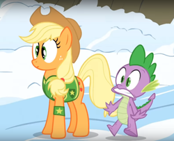 Size: 834x676 | Tagged: safe, screencap, character:applejack, character:spike, episode:winter wrap up, g4, my little pony: friendship is magic, cropped, duo, winter wrap up vest