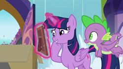 Size: 1920x1080 | Tagged: safe, screencap, character:spike, character:twilight sparkle, character:twilight sparkle (alicorn), species:alicorn, species:dragon, species:pony, episode:the point of no return, g4, my little pony: friendship is magic, box, photo frame, scroll, waterfall, winged spike