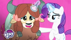 Size: 1280x720 | Tagged: safe, screencap, character:rarity, character:yona, species:pony, species:unicorn, species:yak, episode:she's all yak, g4, my little pony: friendship is magic, bow, brush, cloven hooves, duo, eyeshadow, female, fit right in, hair bow, makeover, makeup, mare, monkey swings, song
