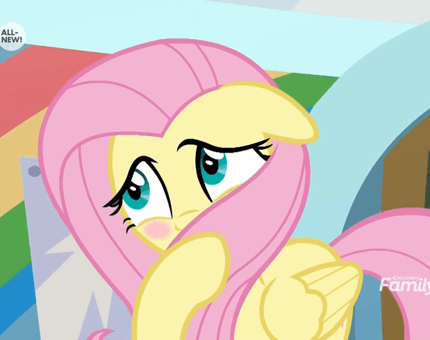 Size: 619x490 | Tagged: safe, screencap, character:fluttershy, species:pegasus, species:pony, episode:she's all yak, g4, my little pony: friendship is magic, animated, blush sticker, blushing, cropped, cute, discovery family logo, gif, loop, shyabetes, solo