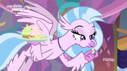 Size: 1920x1080 | Tagged: safe, screencap, character:silverstream, species:classical hippogriff, species:hippogriff, episode:she's all yak, g4, my little pony: friendship is magic, chips, cupcake, discovery family logo, female, food, lidded eyes, potato chips, sassy, solo