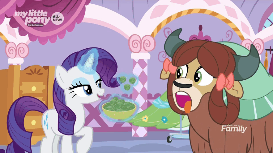 Size: 883x497 | Tagged: safe, screencap, character:rarity, character:yona, species:pony, species:yak, episode:she's all yak, g4, my little pony: friendship is magic, animated, brussel sprouts, force feeding