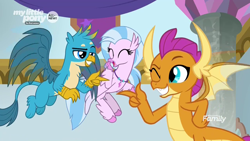 Size: 1280x720 | Tagged: safe, screencap, character:gallus, character:silverstream, character:smolder, episode:she's all yak, g4, my little pony: friendship is magic, cute, diastreamies, finger gun, gallabetes, one eye closed, shipping fuel, smolderbetes, wink
