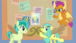Size: 1280x720 | Tagged: safe, screencap, character:ocellus, character:sandbar, character:smolder, species:changedling, species:changeling, species:dragon, species:earth pony, species:pony, episode:she's all yak, g4, my little pony: friendship is magic, disguise, disguised changeling, extended trot pose, female, male, pony ocellus, written equestrian