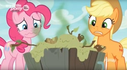 Size: 1643x908 | Tagged: safe, screencap, character:applejack, character:pinkie pie, species:earth pony, species:pony, episode:she's all yak, g4, my little pony: friendship is magic, bucket, clothing, cowboy hat, duo, female, hat, mare, stink lines, tree-root stew, wavy mouth