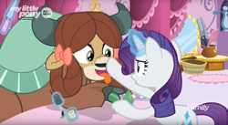 Size: 1643x898 | Tagged: safe, screencap, character:rarity, character:yona, species:pony, species:unicorn, species:yak, episode:she's all yak, g4, my little pony: friendship is magic, behaving like a dog, blep, boop, bow, cloven hooves, female, hair bow, hoof polish, mare, monkey swings, panting, tongue out