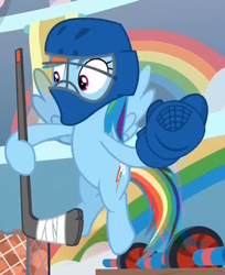 Size: 516x633 | Tagged: safe, screencap, character:rainbow dash, species:pony, episode:she's all yak, g4, my little pony: friendship is magic, cropped, hockey glove, hockey mask, hockey stick, hoof hold, mask, solo