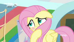 Size: 1280x720 | Tagged: safe, screencap, character:fluttershy, species:pony, episode:she's all yak, g4, my little pony: friendship is magic, blushing, cute, dawwww, floppy ears, hnnng, shy, shyabetes, weapons-grade cute