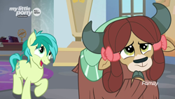Size: 1280x720 | Tagged: safe, screencap, character:sandbar, character:yona, species:earth pony, species:pony, species:yak, episode:she's all yak, g4, my little pony: friendship is magic, bow, cloven hooves, cute, duo, female, hair bow, male, monkey swings, nervous grin, sandabetes, teenager, yonadorable
