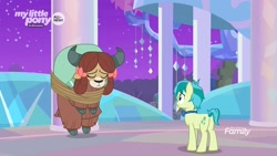 Size: 1920x1080 | Tagged: safe, screencap, character:sandbar, character:yona, species:earth pony, species:pony, species:yak, episode:she's all yak, g4, my little pony: friendship is magic, bow, bow tie, cloven hooves, duo, female, hair bow, male, monkey swings, rope, teenager, treehouse of harmony
