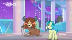 Size: 1642x911 | Tagged: safe, screencap, character:sandbar, character:yona, species:earth pony, species:pony, species:yak, episode:she's all yak, g4, my little pony: friendship is magic, bow, bow tie, cloven hooves, duo, female, hair bow, male, monkey swings, rope, teenager, treehouse of harmony