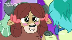 Size: 1280x720 | Tagged: safe, screencap, character:sandbar, character:yona, species:earth pony, species:pony, species:yak, episode:she's all yak, g4, my little pony: friendship is magic, blushing, bow, bow tie, cloven hooves, cute, female, hair bow, male, monkey swings, shipping fuel, treehouse of harmony, yonadorable