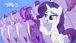 Size: 927x521 | Tagged: safe, screencap, character:rarity, species:pony, episode:she's all yak, g4, my little pony: friendship is magic, clothing, discovery family logo, dress, embroidery, frills, lace, my little pony logo, saddle, sequins, solo, tack