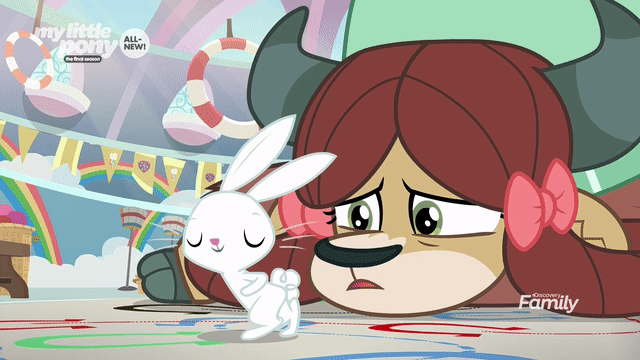 Size: 640x360 | Tagged: safe, screencap, character:angel bunny, character:yona, species:rabbit, species:yak, episode:she's all yak, g4, my little pony: friendship is magic, animated, bow, cloven hooves, dancing, everyday i'm shufflin', female, hair bow, male, monkey swings, running man, shuffle