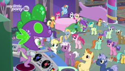 Size: 1920x1080 | Tagged: safe, screencap, character:applejack, character:berry blend, character:berry bliss, character:bifröst, character:citrine spark, character:fire quacker, character:fluttershy, character:golden crust, character:goldy wings, character:lemon crumble, character:loganberry, character:midnight snack, character:november rain, character:peppermint goldylinks, character:pinkie pie, character:rainbow dash, character:rarity, character:sandbar, character:spike, character:summer breeze, character:twilight sparkle, character:twilight sparkle (alicorn), character:violet twirl, character:yona, species:alicorn, species:dragon, species:earth pony, species:pegasus, species:pony, species:unicorn, episode:she's all yak, g4, my little pony: friendship is magic, background pony, citrus bit, clever musings, colt, crowd, dancing, dj scales and tail, dragon costume, eyeshadow, female, filly, foal, friendship student, makeup, male, mane six, mare, microphone, stallion, water spout, winged spike