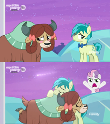 Size: 500x562 | Tagged: safe, artist:pinkiepiiiie, editor:secrettitan, screencap, character:sandbar, character:sweetie belle, character:yona, species:pony, species:unicorn, species:yak, ship:yonabar, episode:hearts and hooves day, episode:she's all yak, g4, my little pony: friendship is magic, blushing, female, filly, hug, interspecies, just kiss already, male, oh come on, shipping, shooting star, simple background, straight, transparent background, treehouse of harmony, vector