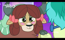 Size: 1280x800 | Tagged: safe, screencap, character:yona, species:earth pony, species:pony, species:yak, episode:she's all yak, g4, my little pony: friendship is magic, blushing, bow, cloven hooves, female, hair bow, male, monkey swings