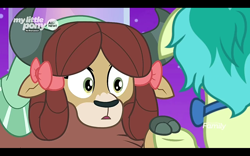 Size: 1280x800 | Tagged: safe, screencap, character:yona, species:earth pony, species:pony, species:yak, episode:she's all yak, g4, my little pony: friendship is magic, bow, bow tie, cloven hooves, female, hair bow, male, monkey swings, teenager