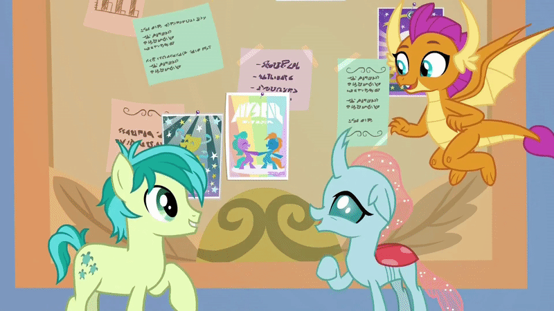 Size: 800x450 | Tagged: safe, screencap, character:ocellus, character:sandbar, character:smolder, species:changedling, species:changeling, species:dragon, species:earth pony, species:pony, species:reformed changeling, episode:she's all yak, g4, my little pony: friendship is magic, animated, changeling magic, corkboard, disguise, disguised changeling, dragoness, extended trot pose, female, flying, freckles, male, pony ocellus, pose, shapeshifting, stallion, thumbs up, transformation, wings, written equestrian