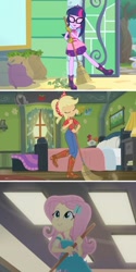 Size: 1075x2151 | Tagged: safe, screencap, character:applejack, character:fluttershy, character:twilight sparkle, episode:five to nine, episode:my little shop of horrors, episode:so much more to me, g4, my little pony:equestria girls, applejack's bedroom, clothing, shorts