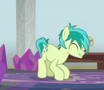 Size: 213x186 | Tagged: safe, screencap, character:sandbar, species:earth pony, species:pony, episode:she's all yak, g4, my little pony: friendship is magic, animated, bucking, cropped, cute, excited, eyes closed, gif, great moments in animation, happy, hoof click, hoofy-kicks, hooves, horses doing horse things, laughing, male, sandabetes, solo, teenager