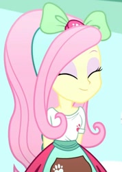 Size: 493x692 | Tagged: safe, screencap, character:fluttershy, episode:pet project, eqg summertime shorts, g4, my little pony:equestria girls, beautiful, bow, cropped, cute, eyes closed, female, hair bow, hands behind back, shyabetes, solo