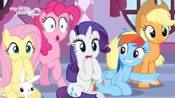 Size: 1920x1080 | Tagged: safe, screencap, character:angel bunny, character:applejack, character:fluttershy, character:pinkie pie, character:rainbow dash, character:rarity, species:earth pony, species:pegasus, species:pony, species:unicorn, episode:she's all yak, g4, my little pony: friendship is magic, discovery family logo, female, gasp, hoof over mouth, mare, mixed reactions, open mouth, pointing, raised hoof, reaction image, shocked, sitting, smiling, varying degrees of want, wide eyes