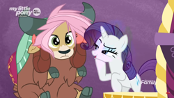 Size: 1366x768 | Tagged: safe, screencap, character:rarity, character:yona, species:pony, species:unicorn, species:yak, episode:she's all yak, g4, my little pony: friendship is magic, beautiful, bipedal, cloven hooves, cute, discovery family logo, duo, eyeshadow, female, fit right in, frown, hair bow, horns, lidded eyes, makeover, makeup, mare, mentor and protege, monkey swings, pink hair, raised eyebrow, singing, teenager, waiting, wig, yonadorable