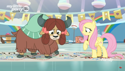 Size: 1366x768 | Tagged: safe, screencap, character:fluttershy, character:yona, species:pegasus, species:pony, species:yak, episode:she's all yak, g4, my little pony: friendship is magic, bow, chart, cloven hooves, dotted line, duo, female, gym, hair bow, hoofprints, mare, monkey swings, paper