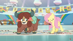 Size: 1366x768 | Tagged: safe, screencap, character:fluttershy, character:yona, species:pegasus, species:pony, species:yak, episode:she's all yak, g4, my little pony: friendship is magic, bow, chart, cloven hooves, crossed hooves, dancing, dotted line, duo, female, gym, hair bow, hoofprints, mare, monkey swings, paper, twisting
