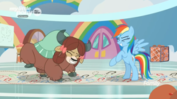 Size: 1366x768 | Tagged: safe, screencap, character:rainbow dash, character:yona, species:pegasus, species:pony, species:yak, episode:she's all yak, g4, my little pony: friendship is magic, bow, cloven hooves, cute, dancing, dashabetes, dotted line, duo, female, gym, hair bow, hoofprints, mare, monkey swings, paper, yonadorable