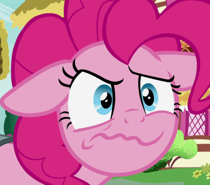 Size: 411x362 | Tagged: safe, screencap, character:pinkie pie, species:earth pony, species:pony, episode:secrets and pies, g4, my little pony: friendship is magic, angry, animated, betrayed, close-up, cropped, faec, female, floppy ears, gif, mare, ponyville, rage, solo, wavy mouth