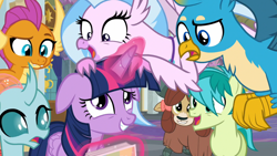 Size: 1280x720 | Tagged: safe, screencap, character:gallus, character:ocellus, character:sandbar, character:silverstream, character:smolder, character:twilight sparkle, character:twilight sparkle (alicorn), character:yona, species:alicorn, species:changedling, species:changeling, species:classical hippogriff, species:dragon, species:earth pony, species:griffon, species:hippogriff, species:pony, species:reformed changeling, species:yak, episode:she's all yak, g4, my little pony: friendship is magic, animated, bow, cloven hooves, colored hooves, cute, diaocelles, diastreamies, dragoness, female, floppy ears, flying, friendship student, gallabetes, gif, glowing horn, hair bow, horn, jewelry, levitation, magic, male, mare, monkey swings, necklace, poster, sandabetes, school of friendship, smolderbetes, student six, teenager, telekinesis, yonadorable