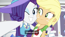 Size: 1334x750 | Tagged: safe, screencap, character:applejack, character:rarity, episode:camping must-haves, g4, my little pony:equestria girls, freckles, geode of shielding, geode of super strength, magical geodes, one eye closed, rarity's bedroom, selfie, shipping fuel, subtitles, wink