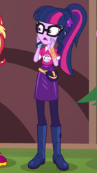 Size: 1242x2208 | Tagged: safe, screencap, character:sunset shimmer, character:twilight sparkle, character:twilight sparkle (scitwi), species:eqg human, episode:festival filters, g4, my little pony:equestria girls, boots, bracelet, cropped, fanny pack, geode of telekinesis, glasses, jewelry, magical geodes, offscreen character, open mouth, shoes, solo focus