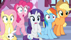 Size: 1920x1080 | Tagged: safe, screencap, character:angel bunny, character:applejack, character:fluttershy, character:pinkie pie, character:rainbow dash, character:rarity, episode:she's all yak, g4, my little pony: friendship is magic, cute, dashabetes, discovery family logo, jackabetes, out of context, varying degrees of want