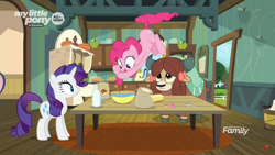 Size: 1366x768 | Tagged: safe, screencap, character:pinkie pie, character:rarity, character:snips, character:yona, species:earth pony, species:pony, species:unicorn, species:yak, episode:she's all yak, g4, my little pony: friendship is magic, bow, bowl, bucket, butter, carpet, cloven hooves, discovery family logo, female, flour, food, hair bow, hoof hold, kitchen, mare, milk bottle, mixing bowl, monkey swings, pie, pies, spoon, sugar (food), table, tailcopter, trio