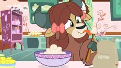 Size: 1366x768 | Tagged: safe, screencap, character:yona, species:yak, episode:she's all yak, g4, my little pony: friendship is magic, batter, bow, bowl, cloven hooves, cooking, discovery family logo, dough, female, flour, food, hair bow, jar, kitchen, lemon, licking, mixing bowl, monkey swings, pie, plate, solo, sugarcube corner, tongue out