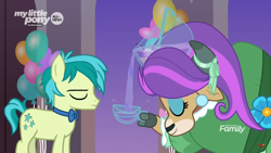 Size: 1366x768 | Tagged: safe, screencap, character:sandbar, character:yona, species:earth pony, species:pony, species:yak, episode:she's all yak, g4, my little pony: friendship is magic, alternate hairstyle, balloon, bow tie, bowing, bowl, classy, cloven hooves, cup, discovery family logo, duo, ear piercing, earring, eyeshadow, female, flower, jewelry, majestic as fuck, makeup, male, piercing, pouring, punch (drink), punch bowl, teenager, wig