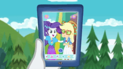 Size: 1280x720 | Tagged: safe, screencap, character:applejack, character:rarity, episode:festival filters, g4, my little pony:equestria girls, animated, cellphone, clothing, dodecahedron, dress, filter, geometric figures, heart, icon, jacket, no sound, phone, shape chic, shipping fuel, smiling, sunglasses, unimpressed, webm