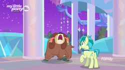 Size: 1366x768 | Tagged: safe, screencap, character:sandbar, character:yona, species:earth pony, species:pony, species:yak, episode:she's all yak, g4, my little pony: friendship is magic, bow, bow tie, cloven hooves, column, discovery family logo, duo, female, hair bow, male, monkey swings, night, teenager, treehouse of harmony