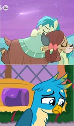 Size: 513x875 | Tagged: safe, screencap, character:gallus, character:sandbar, character:yona, ship:gallbar, ship:yonabar, episode:she's all yak, episode:the hearth's warming club, g4, my little pony: friendship is magic, female, heartbreak, hug, implied gay, implied straight, interspecies, male, sad, shipping, straight