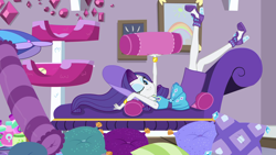 Size: 1920x1080 | Tagged: safe, screencap, character:rarity, episode:camping must-haves, g4, my little pony:equestria girls, armpits, clothing, high heels, legs, legs in air, looking at you, one eye closed, pencil skirt, rarity's bedroom, sexy, shoes, skirt, wink