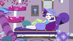 Size: 1920x1080 | Tagged: safe, screencap, character:rarity, episode:camping must-haves, g4, my little pony:equestria girls, armpits, clothing, couch, female, hat, legs, looking at you, rarity's bedroom, reclining, sexy, smiling