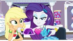 Size: 1920x1080 | Tagged: safe, screencap, character:applejack, character:rarity, episode:camping must-haves, g4, my little pony:equestria girls, bedroom, emoticon, exclamation point, geode of shielding, geode of super strength, heart, lip bite, magical geodes, rarity's bedroom, shipping fuel, stare, tent