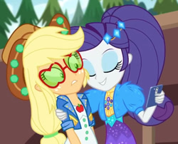 Size: 846x682 | Tagged: safe, screencap, character:applejack, character:rarity, episode:festival filters, g4, my little pony:equestria girls, applejack's sunglasses, best friends, clothing, female, hat, phone, shipping fuel, uncomfortable