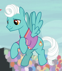 Size: 755x864 | Tagged: safe, screencap, species:pegasus, species:pony, episode:common ground, g4, my little pony: friendship is magic, background pony, clothing, cropped, fire gem, flying, jersey, male, shirt, solo, stallion